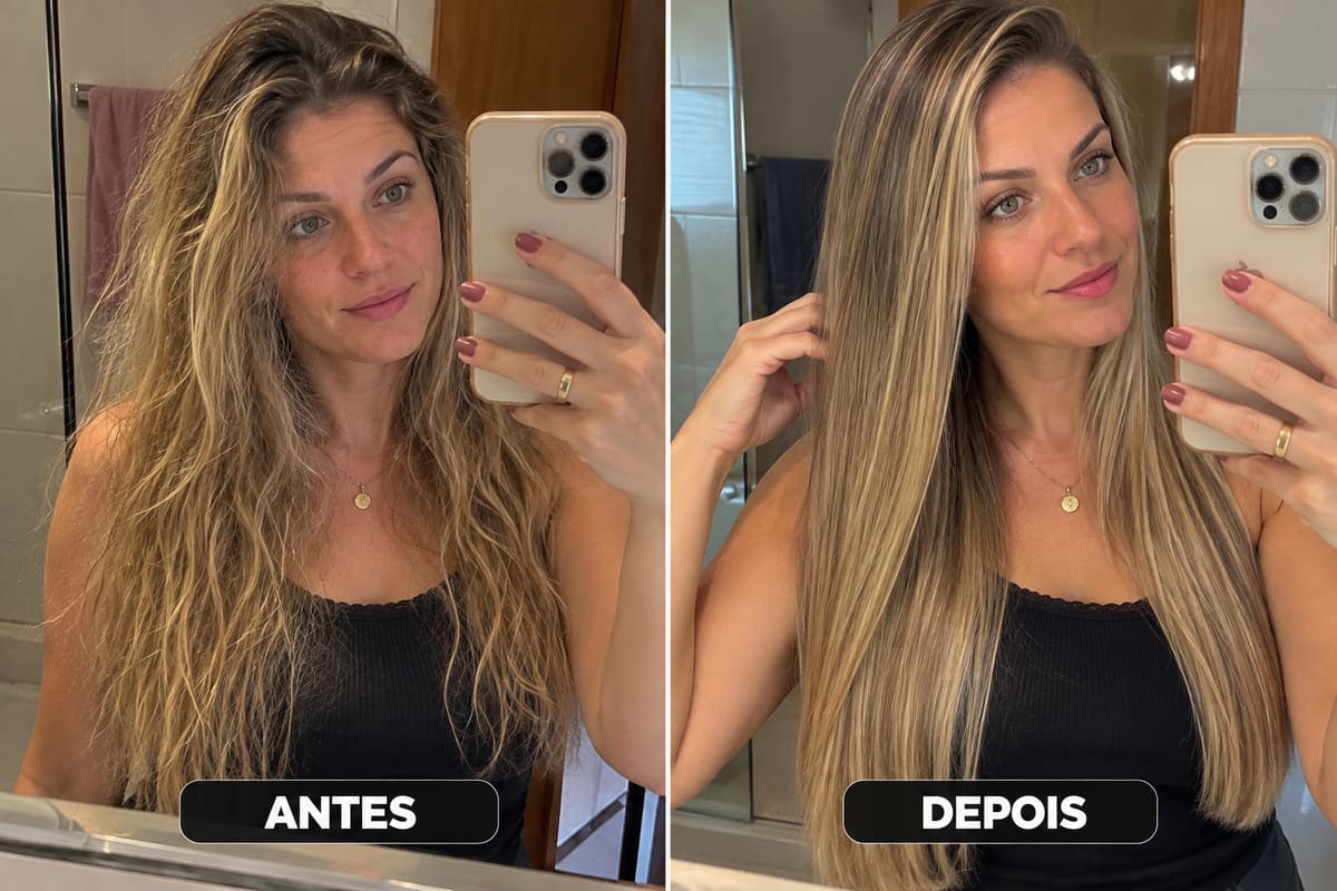 Antes e depois da Progressiva Havana em cabelo loiro ondulado