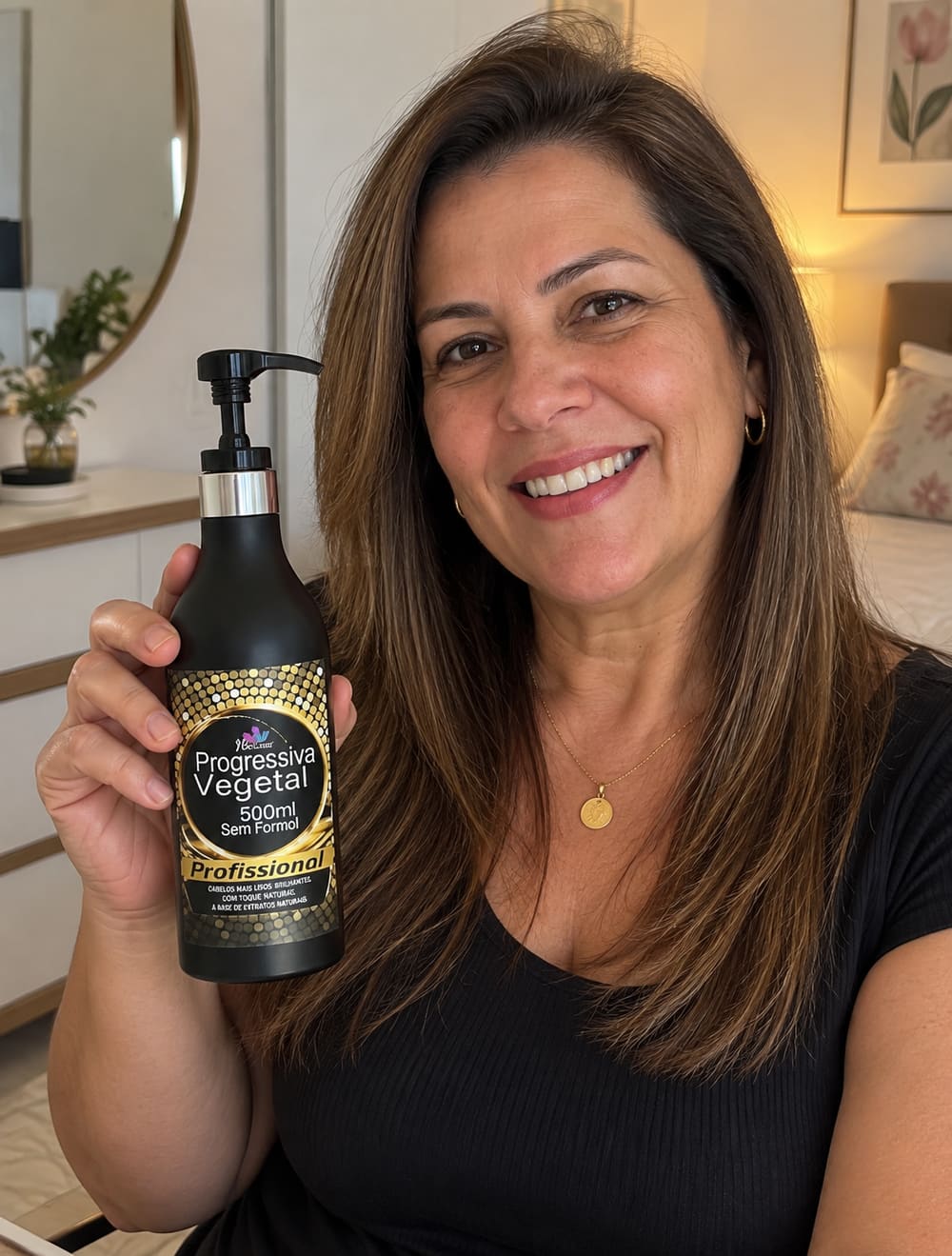 Mulher sorrindo segurando o frasco da Progressiva Havana